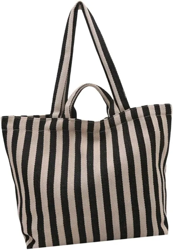 Women Canvas Bag Large Capacity Shoulder Bag Striped Handbag All-Matching Everyday Bag Students School Bag Shopping Bag