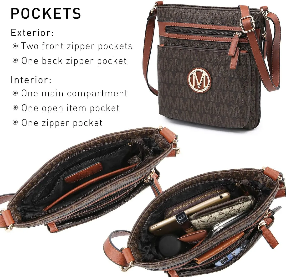 Women Crossbody Purses Multi Pockets Large Signature Monogram Zip Shoulder Bags Ladies PU Leather Handbag