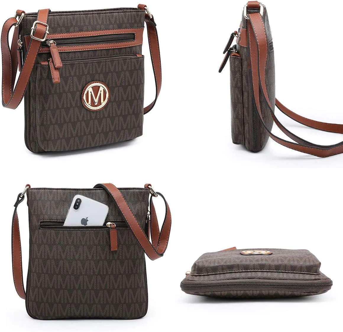 Women Crossbody Purses Multi Pockets Large Signature Monogram Zip Shoulder Bags Ladies PU Leather Handbag