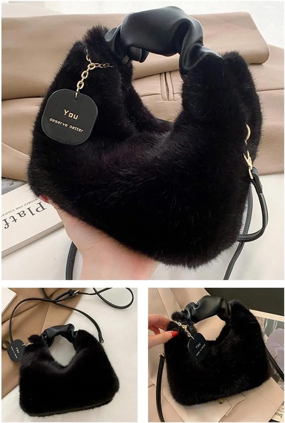 Women Fluffy Tote Bag Plush Shoulder Underarm Bag Faux Fur Crossbody Handbag with Strap Y2K Furry Purse Winter