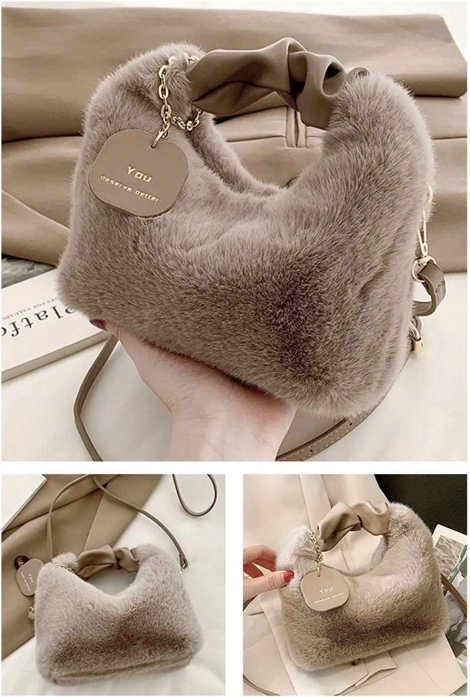 Women Fluffy Tote Bag Plush Shoulder Underarm Bag Faux Fur Crossbody Handbag with Strap Y2K Furry Purse Winter