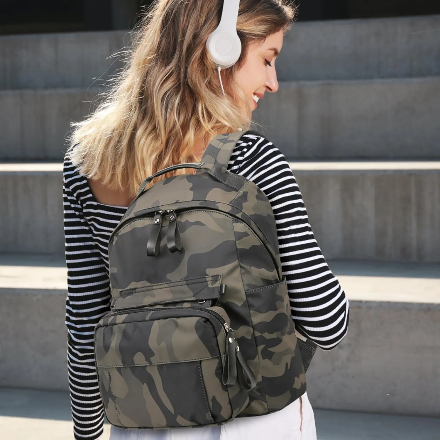 Women Nylon Travel Backpack with detachable Crossbody bag Large lightweight laptop backpack for daily (Camo)