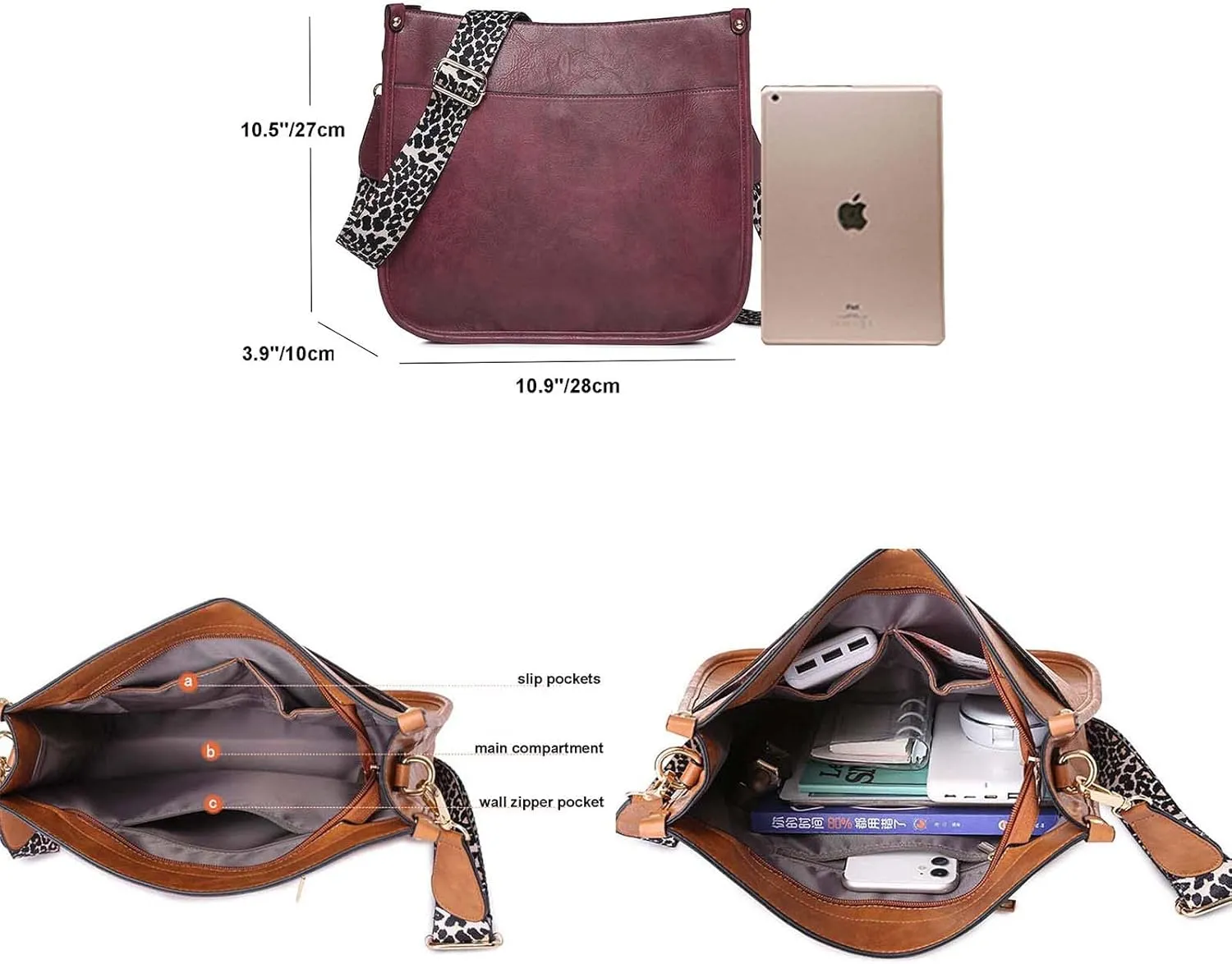Women Shoulder Crossbody Bag Vintage Handbags Purse with Leopard Guitar Strap Medium Satchel Hobo Bag