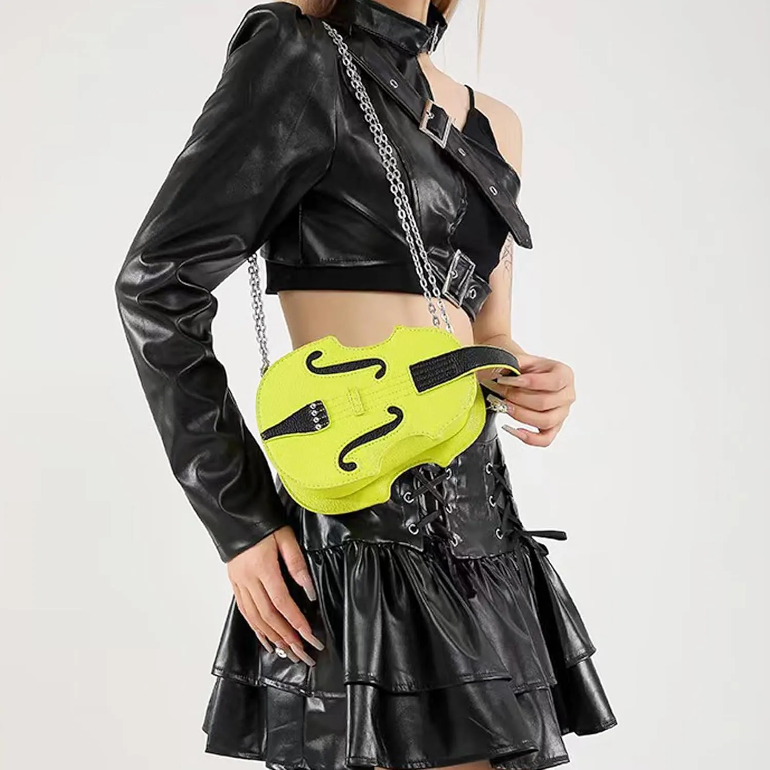 Women Violin Shaped Crossbody Shoulder Bag with Trendy Chain Strap PU Leather Music Purse Handbag Violin Lover Gifts