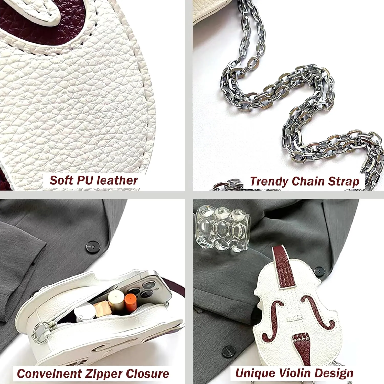 Women Violin Shaped Crossbody Shoulder Bag with Trendy Chain Strap PU Leather Music Purse Handbag Violin Lover Gifts