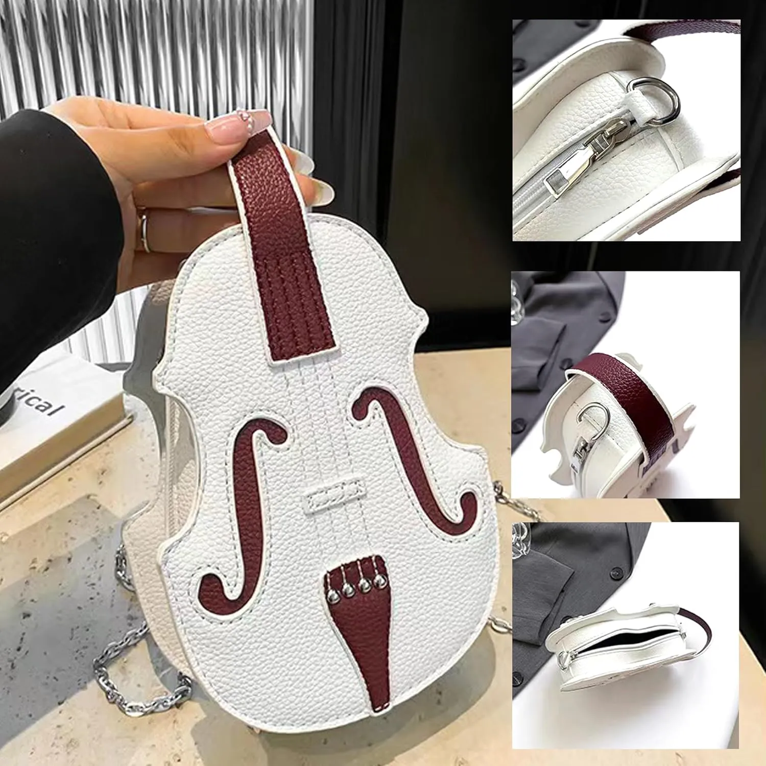 Women Violin Shaped Crossbody Shoulder Bag with Trendy Chain Strap PU Leather Music Purse Handbag Violin Lover Gifts