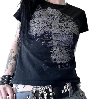 Women Y2k Fairy Grunge Graphic Print Baby Tees E-Girl Emo Tshirts 2000s Scene Cutecore Crop Tops Summer Clothes