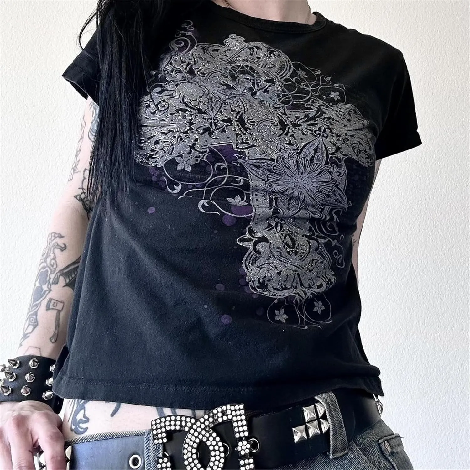Women Y2k Fairy Grunge Graphic Print Baby Tees E-Girl Emo Tshirts 2000s Scene Cutecore Crop Tops Summer Clothes