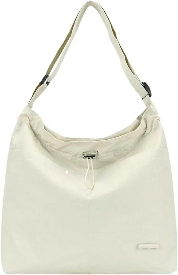 Womens Aesthetic Casual Nylon Shoulder Crossbody Bag Pleated Drawstrings Shoulder Bag Solid Color Handbag Underarm Bag