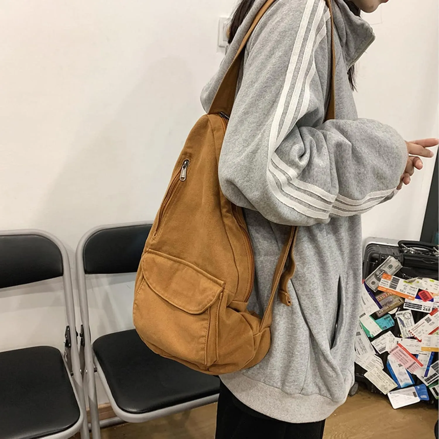 Women's Canvas Crossbody Bag Vintage Wash Zipper Shoulder Bag Men's and Women's Casual Crossbody Bag