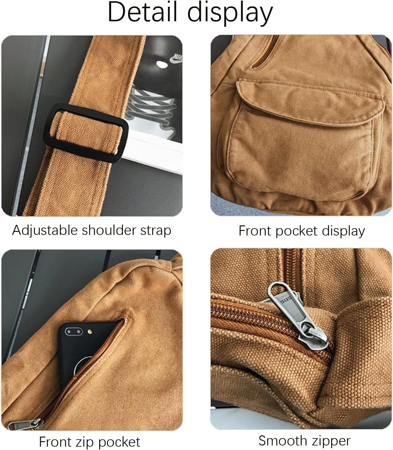 Women's Canvas Crossbody Bag Vintage Wash Zipper Shoulder Bag Men's and Women's Casual Crossbody Bag