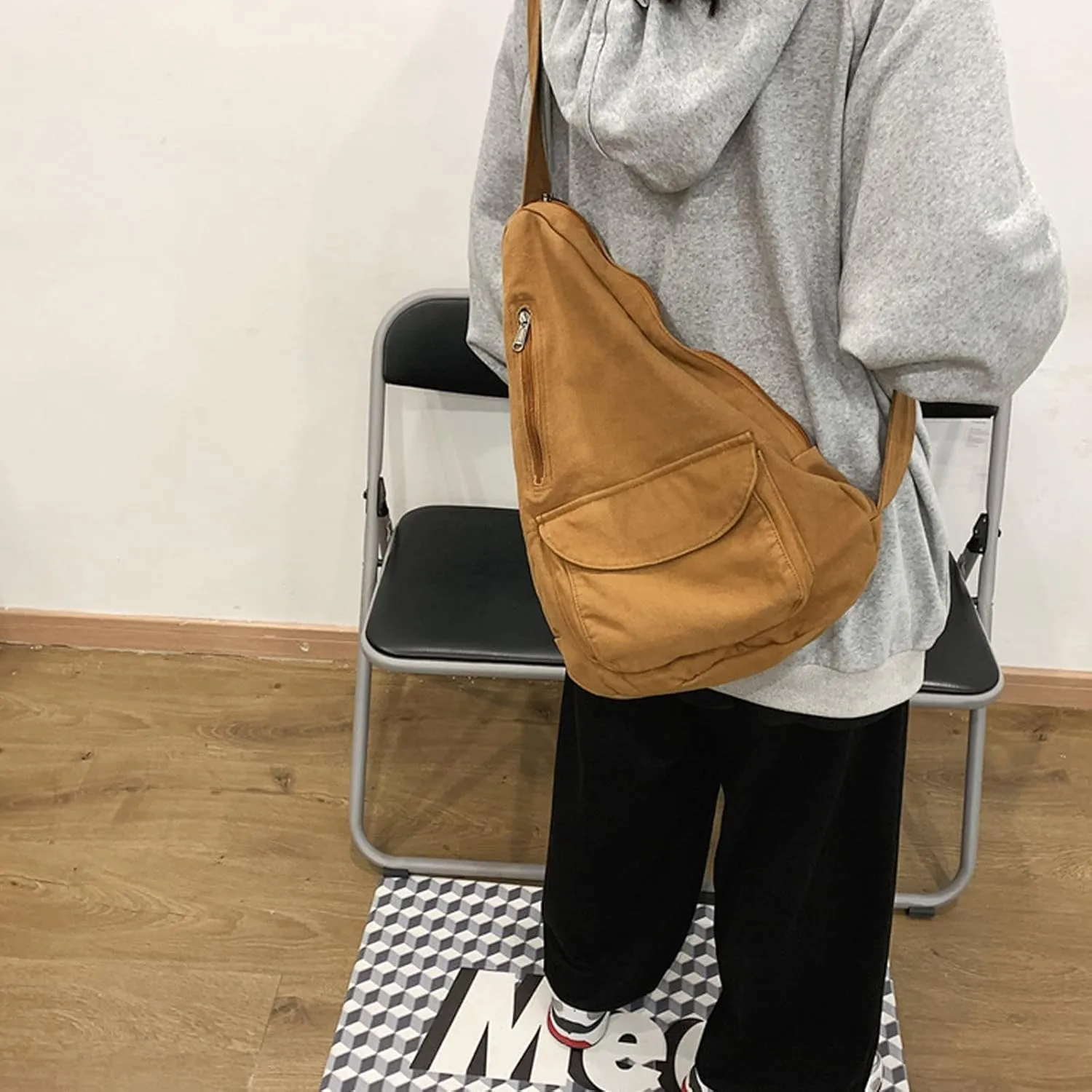 Women's Canvas Crossbody Bag Vintage Wash Zipper Shoulder Bag Men's and Women's Casual Crossbody Bag