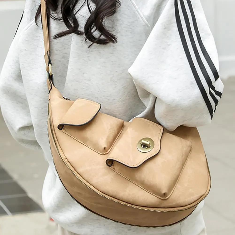 Women’s Crescent Shaped Crossbody Bag, PU Leather Casual Fashion Dumpling Hobo Shoulder Purse, Novelty Punk Sling Chest Bag