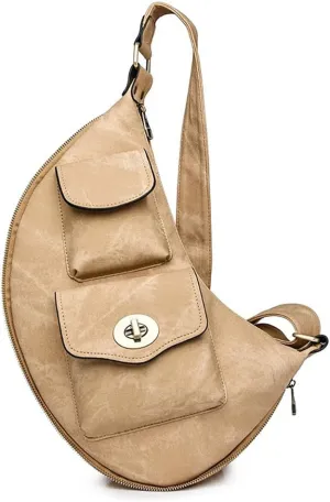 Women’s Crescent Shaped Crossbody Bag, PU Leather Casual Fashion Dumpling Hobo Shoulder Purse, Novelty Punk Sling Chest Bag