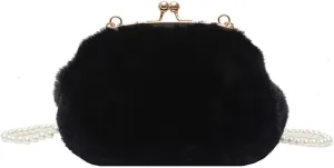 Women’s Crossbody Purse Faux Fur Shoulder Bag Plush Purse Kiss Lock Clutch Purse with Pearl Strap Autumn and Winter