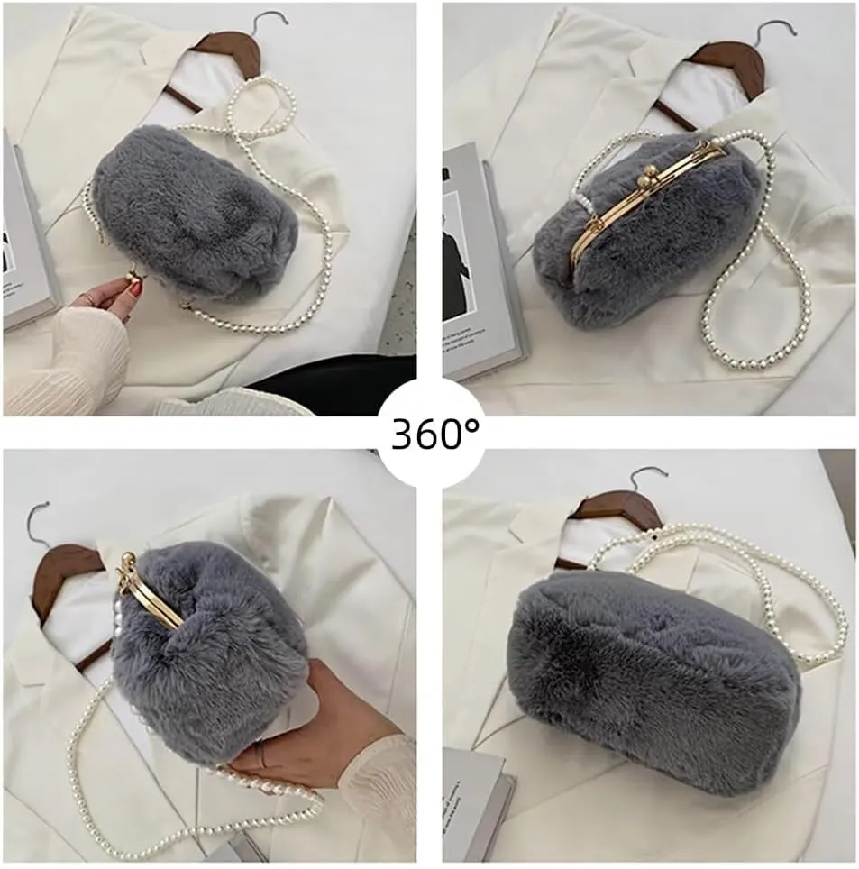 Women’s Crossbody Purse Faux Fur Shoulder Bag Plush Purse Kiss Lock Clutch Purse with Pearl Strap Autumn and Winter