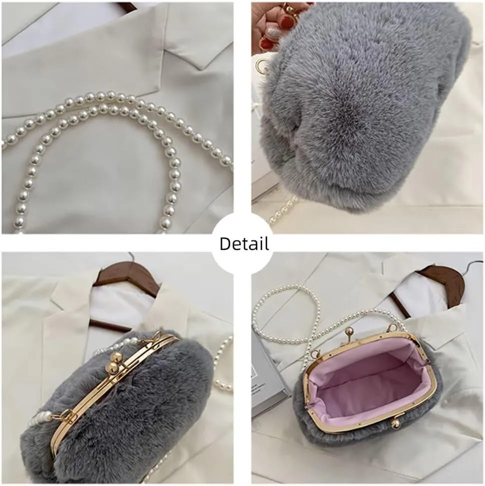 Women’s Crossbody Purse Faux Fur Shoulder Bag Plush Purse Kiss Lock Clutch Purse with Pearl Strap Autumn and Winter