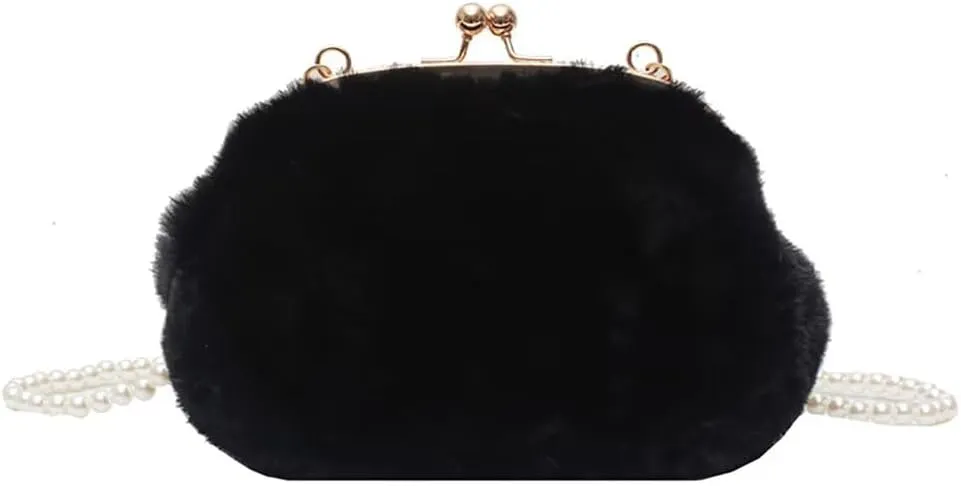 Women’s Crossbody Purse Faux Fur Shoulder Bag Plush Purse Kiss Lock Clutch Purse with Pearl Strap Autumn and Winter
