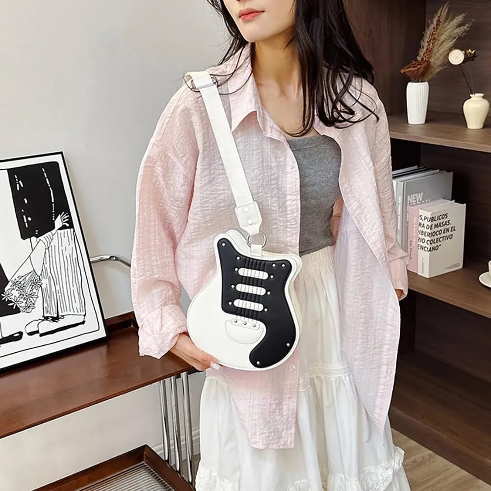 Women’s Guitar Shaped Rivet Shoulder Bag, Creative Music Violin Piano Crossbody Purse, PU Leather Novelty Unique Satchel