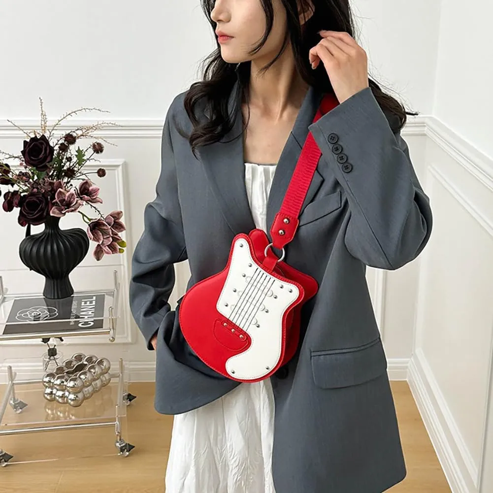 Women’s Guitar Shaped Rivet Shoulder Bag, Creative Music Violin Piano Crossbody Purse, PU Leather Novelty Unique Satchel