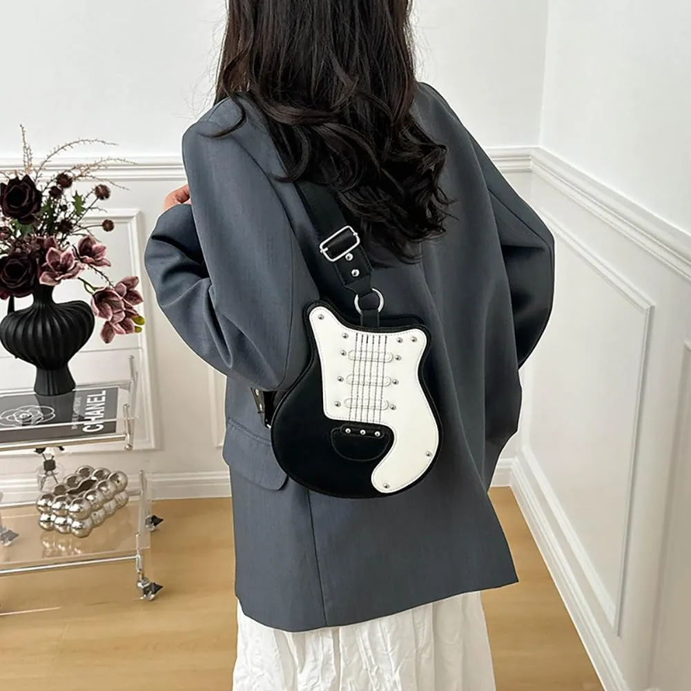 Women’s Guitar Shaped Rivet Shoulder Bag, Creative Music Violin Piano Crossbody Purse, PU Leather Novelty Unique Satchel