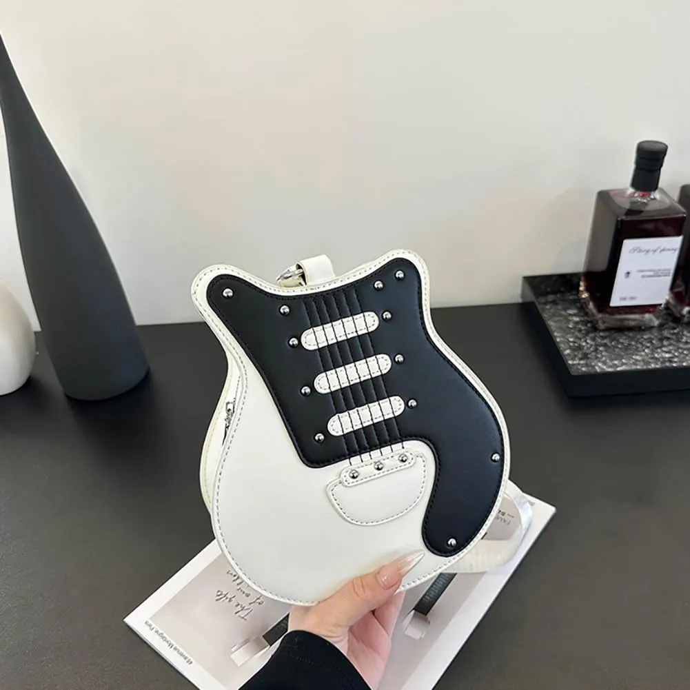 Women’s Guitar Shaped Rivet Shoulder Bag, Creative Music Violin Piano Crossbody Purse, PU Leather Novelty Unique Satchel