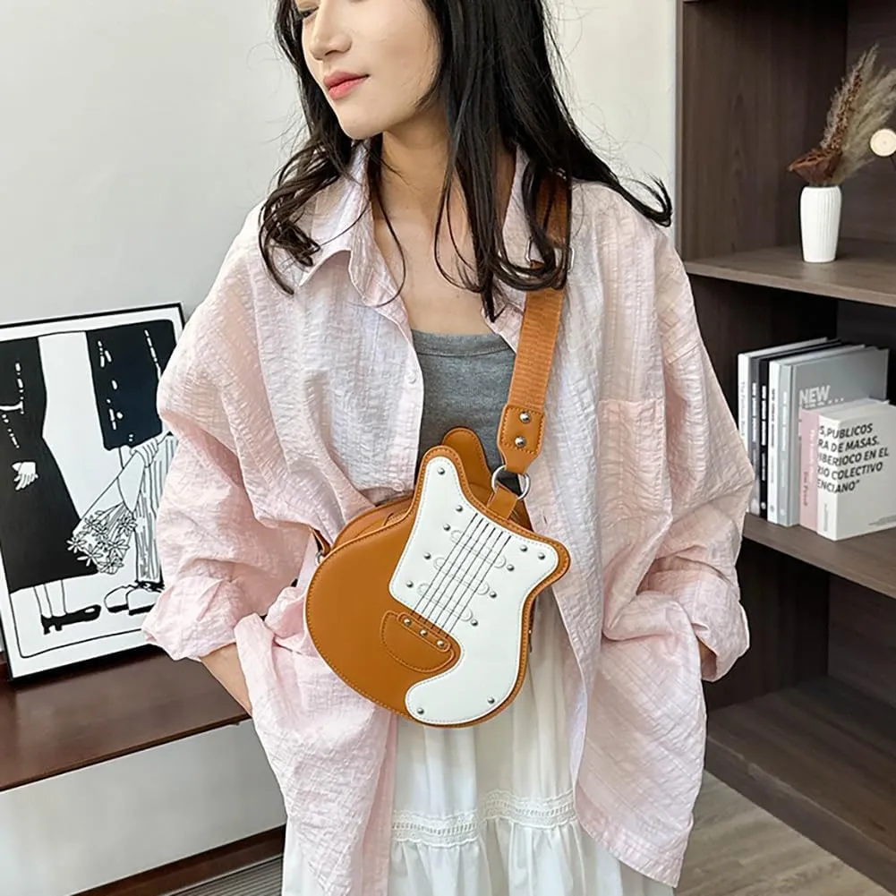 Women’s Guitar Shaped Rivet Shoulder Bag, Creative Music Violin Piano Crossbody Purse, PU Leather Novelty Unique Satchel