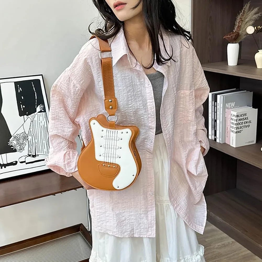 Women’s Guitar Shaped Rivet Shoulder Bag, Creative Music Violin Piano Crossbody Purse, PU Leather Novelty Unique Satchel