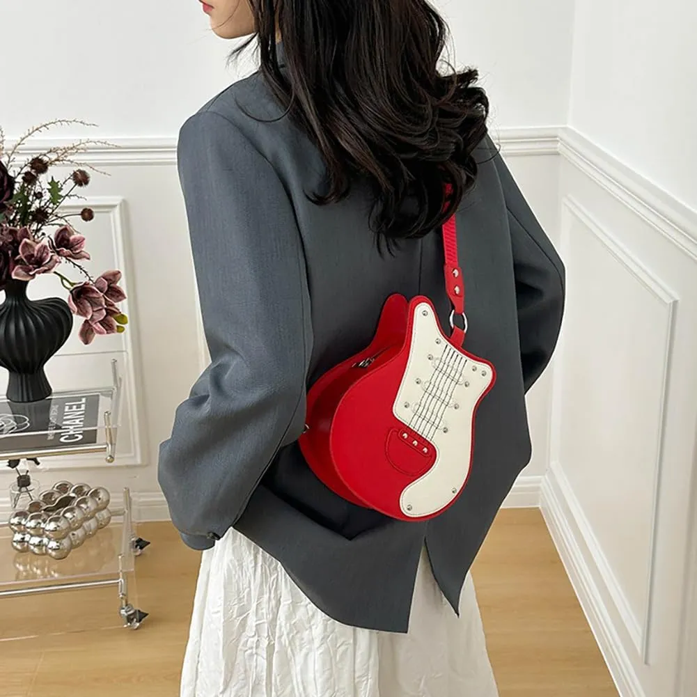 Women’s Guitar Shaped Rivet Shoulder Bag, Creative Music Violin Piano Crossbody Purse, PU Leather Novelty Unique Satchel