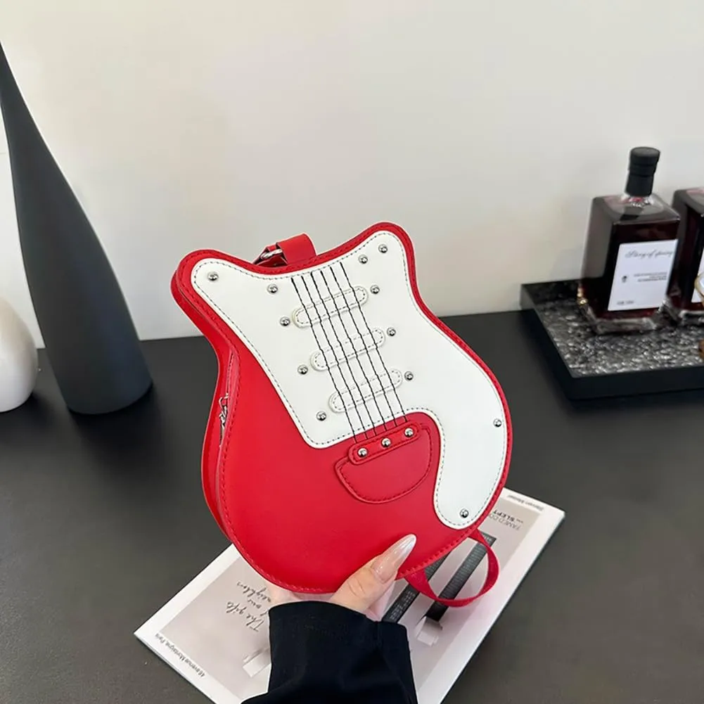 Women’s Guitar Shaped Rivet Shoulder Bag, Creative Music Violin Piano Crossbody Purse, PU Leather Novelty Unique Satchel