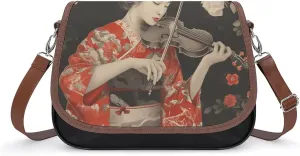 Women's Handbag Geisha Playing The Violin Satchel Bag Leather Crossbody Bag Waterproof Messenger Bag