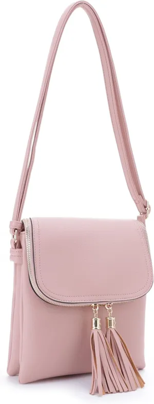 Women's Multi Compartment Magnetic Closure Flap Crossbody with Tassel Zipper