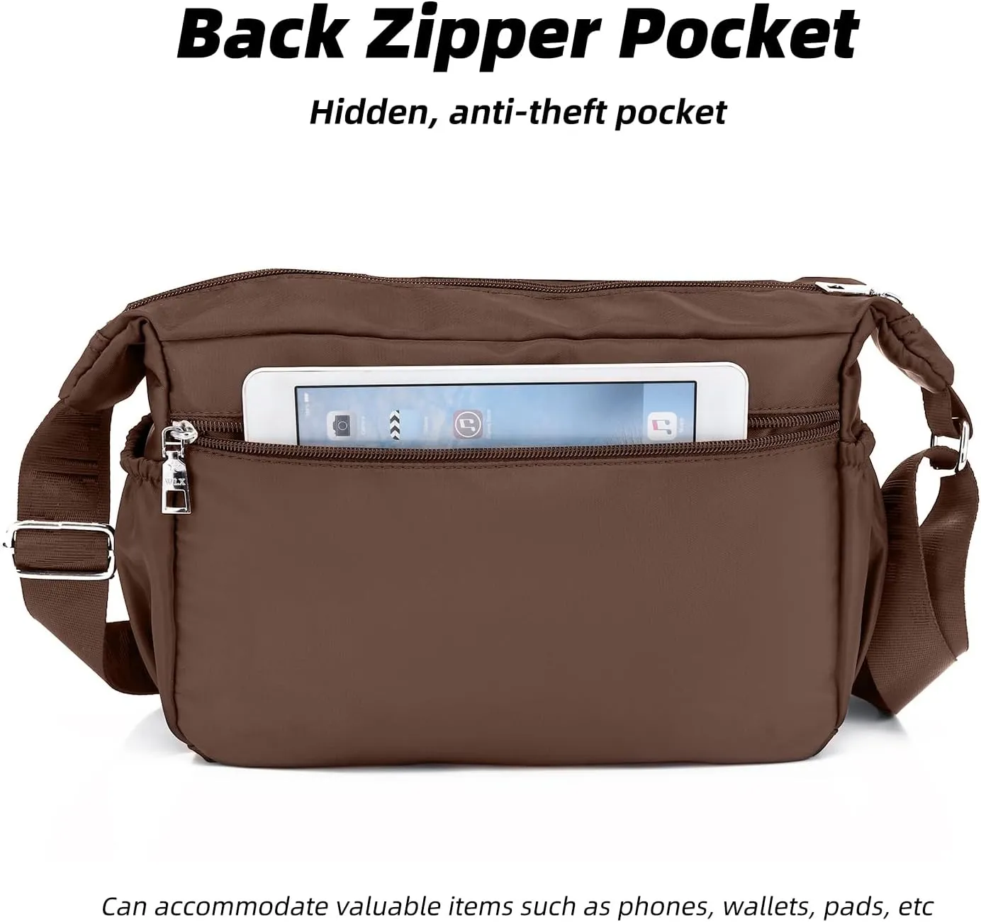 Women's Multi-Pocket Shoulder Handbag - Water-Resistant Nylon Crossbody Bag, Large Purses, Lightweight Messenger Bag - Brown