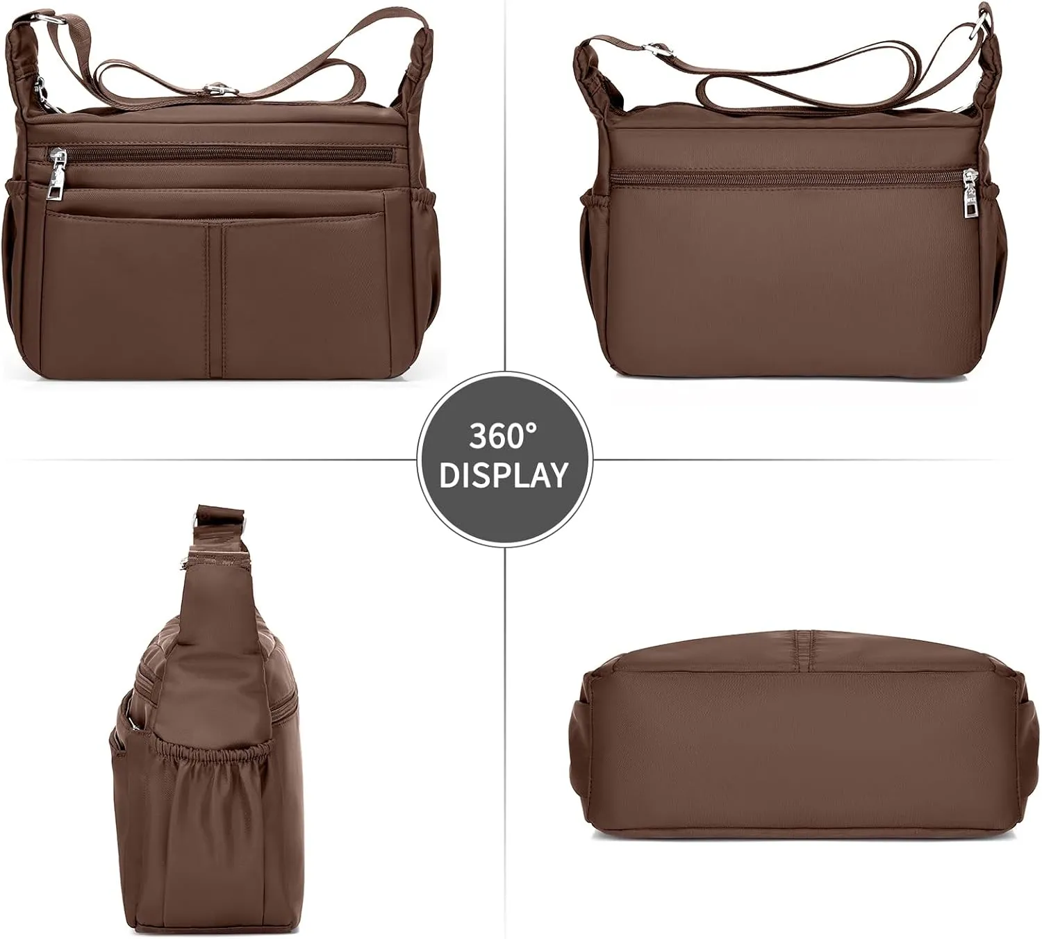 Women's Multi-Pocket Shoulder Handbag - Water-Resistant Nylon Crossbody Bag, Large Purses, Lightweight Messenger Bag - Brown