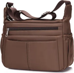 Women's Multi-Pocket Shoulder Handbag - Water-Resistant Nylon Crossbody Bag, Large Purses, Lightweight Messenger Bag - Brown