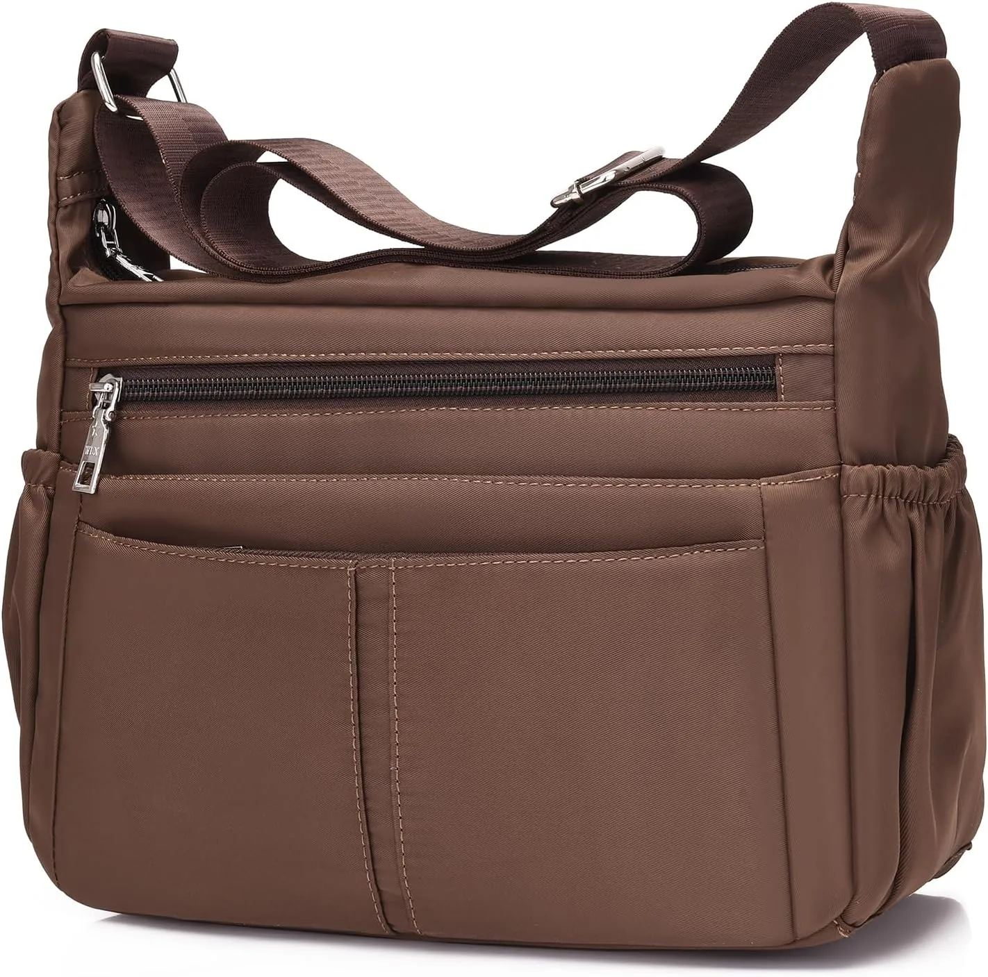 Women's Multi-Pocket Shoulder Handbag - Water-Resistant Nylon Crossbody Bag, Large Purses, Lightweight Messenger Bag - Brown
