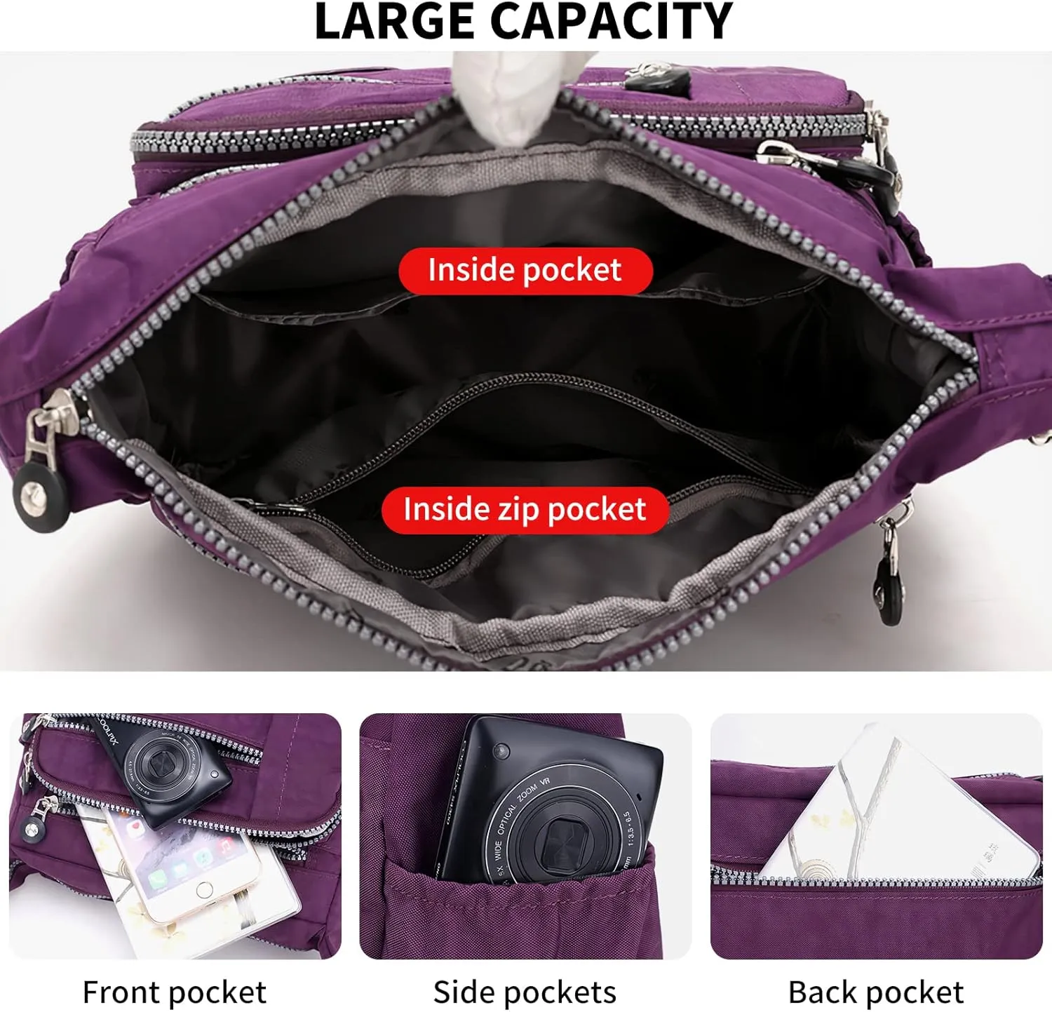 Women's Nylon Crossbody Bag Waterproof Shoulder Purse Multi Pocket Tote Handbag Travel Satchel Messenger Bag