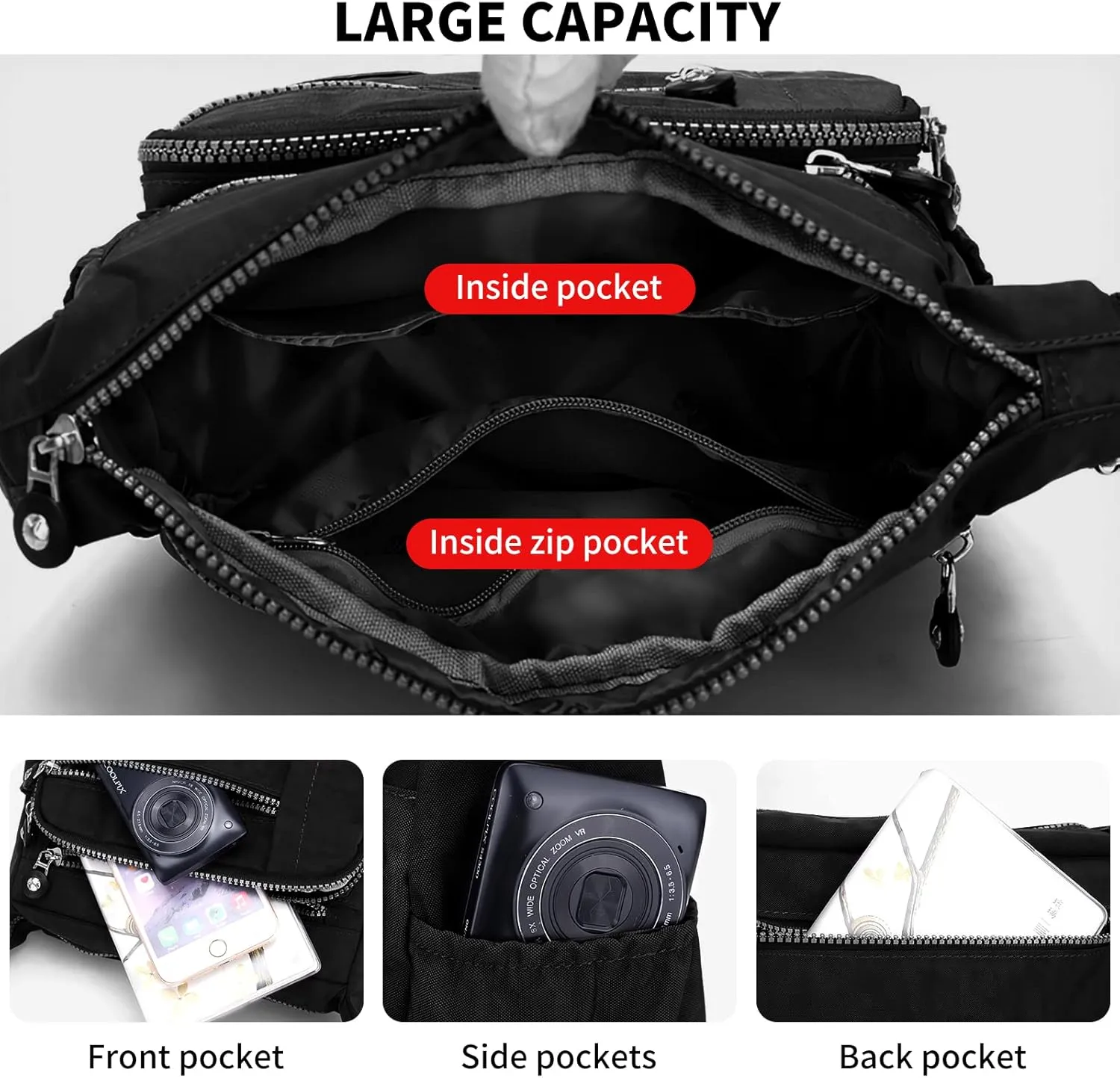Women's Nylon Crossbody Bag Waterproof Shoulder Purse Multi Pocket Tote Handbag Travel Satchel Messenger Bag