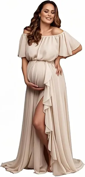 Womens Off Shoulder Maternity Dress Ruffles Elegant Split Gowns Maxi Photography Dress