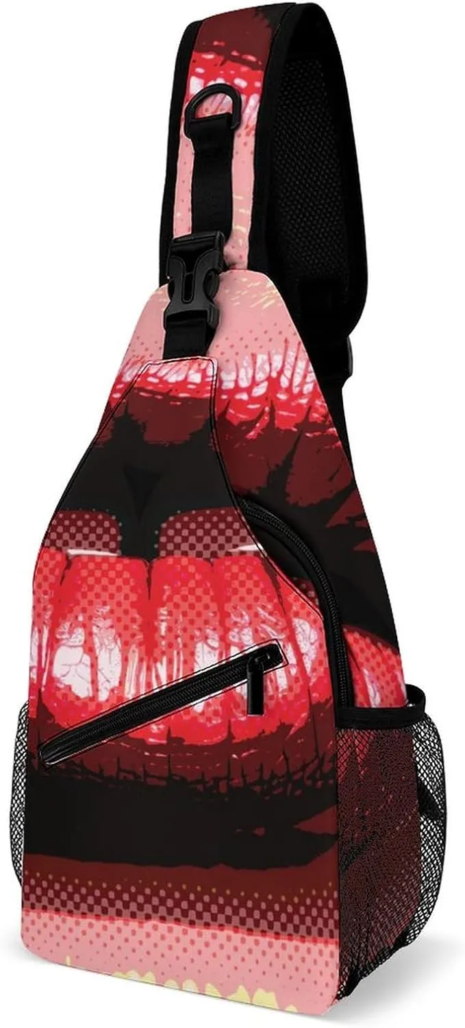 Women's Red Lips Crossbody Sling Backpack Pop Art Style Sling Bag Adjustable Travel Hiking Chest Bags Daypack