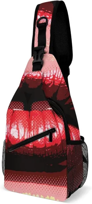 Women's Red Lips Crossbody Sling Backpack Pop Art Style Sling Bag Adjustable Travel Hiking Chest Bags Daypack