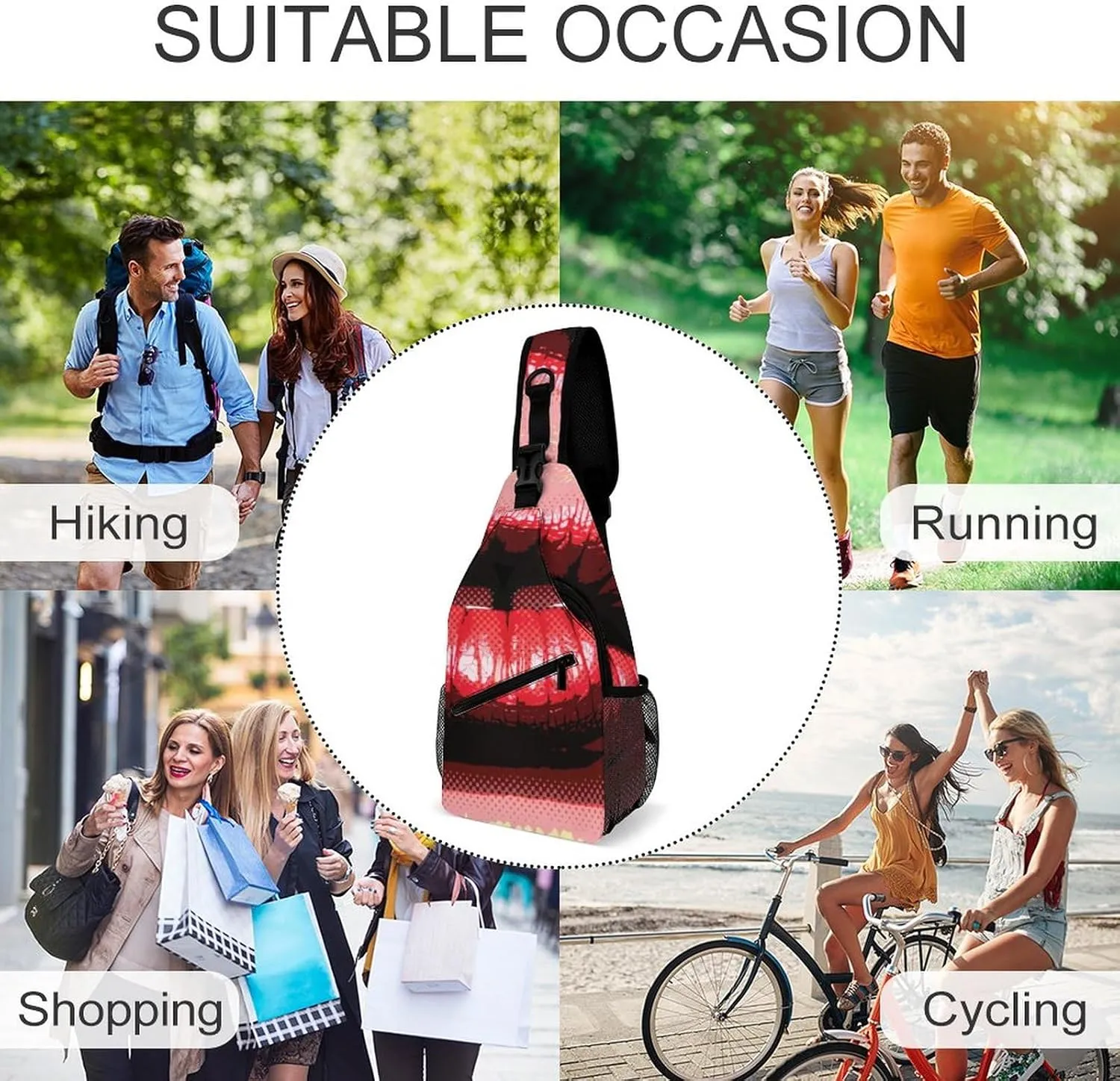 Women's Red Lips Crossbody Sling Backpack Pop Art Style Sling Bag Adjustable Travel Hiking Chest Bags Daypack