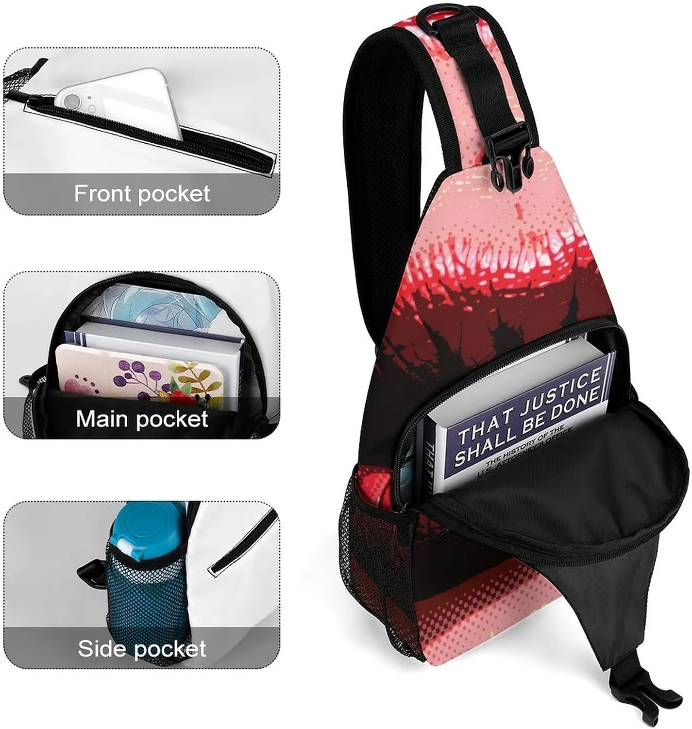 Women's Red Lips Crossbody Sling Backpack Pop Art Style Sling Bag Adjustable Travel Hiking Chest Bags Daypack