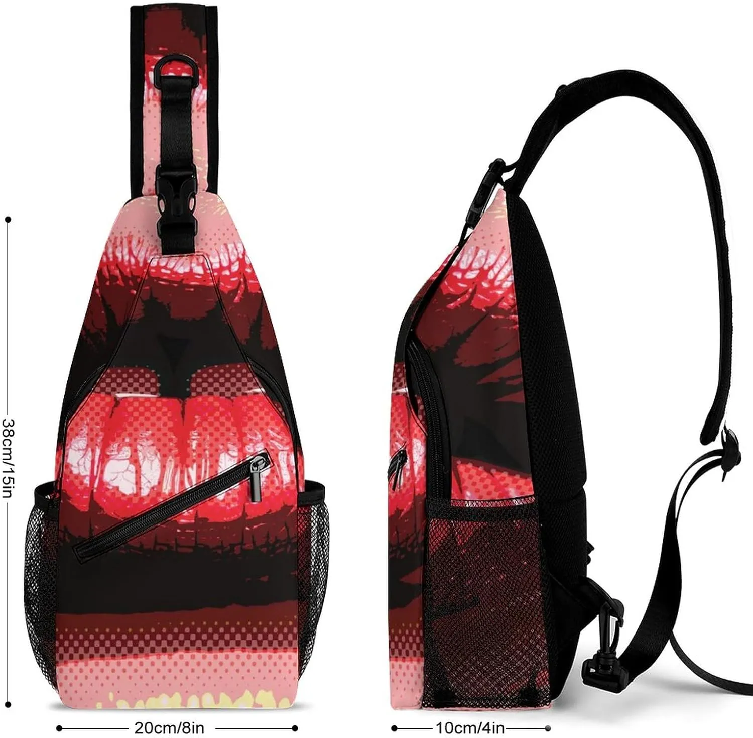 Women's Red Lips Crossbody Sling Backpack Pop Art Style Sling Bag Adjustable Travel Hiking Chest Bags Daypack