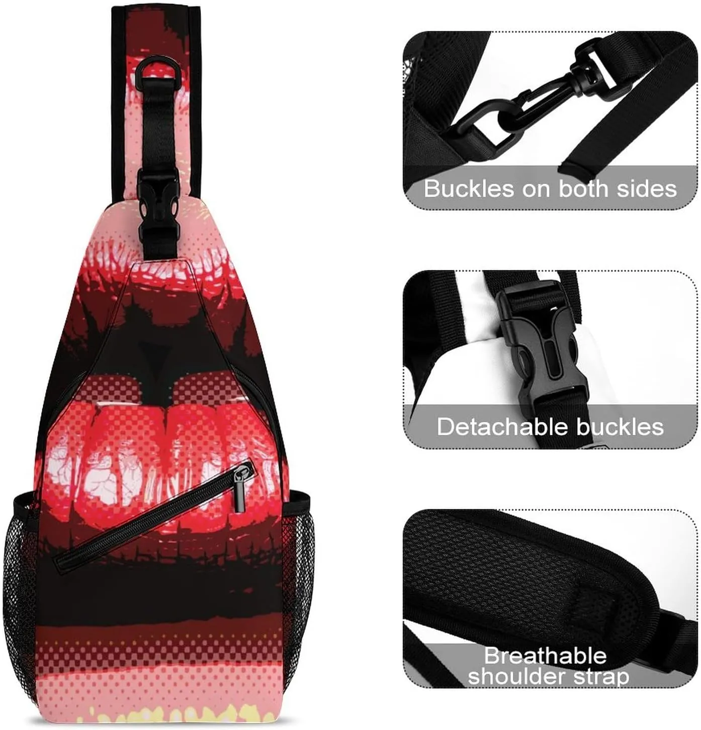 Women's Red Lips Crossbody Sling Backpack Pop Art Style Sling Bag Adjustable Travel Hiking Chest Bags Daypack