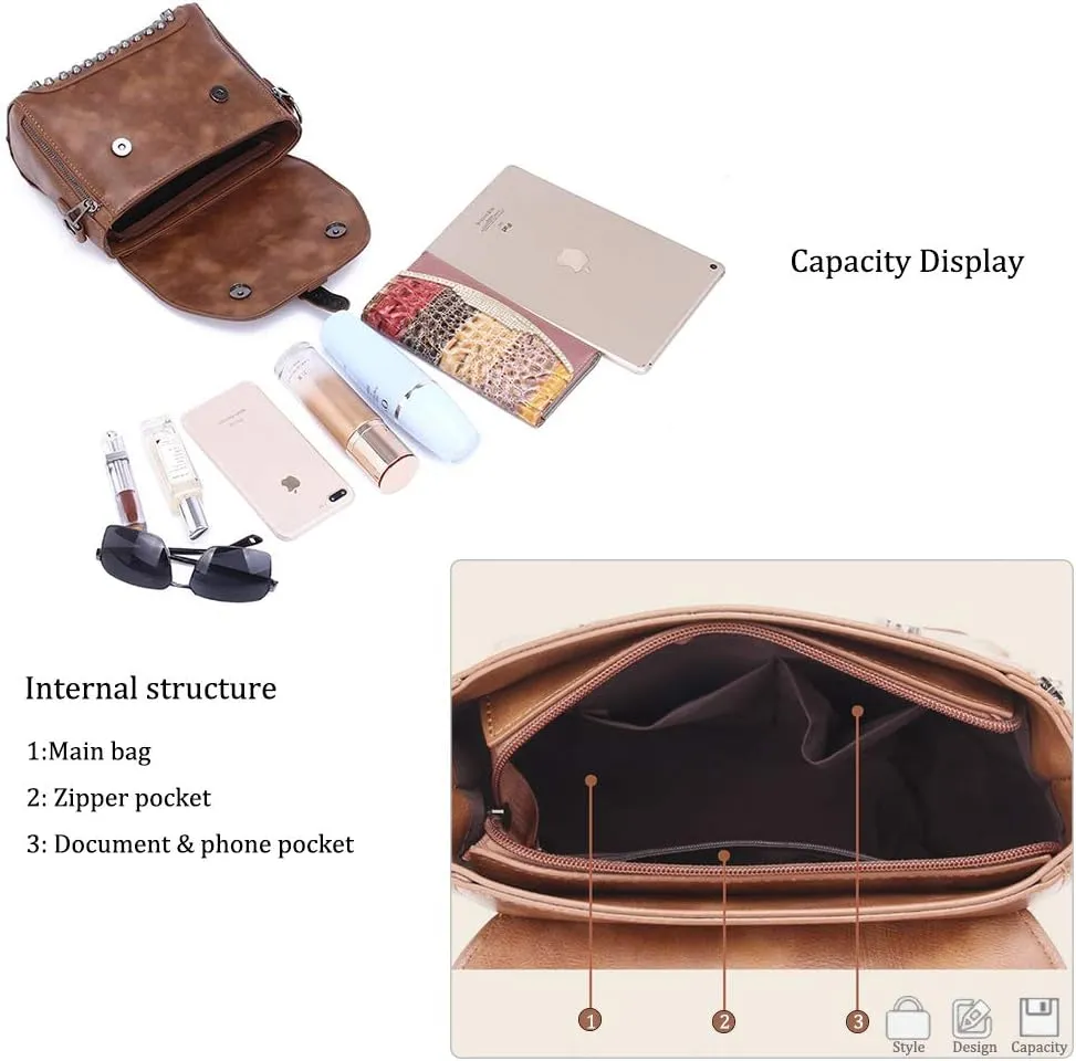 Womens Vintage Rivet Saddle Shoulder Bag Crossbody Bag Sling Bag Shopper Travel Satchel