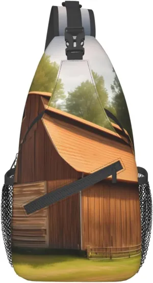 Wooden Barn Countryside Crossbody Bags Sling Backpackï¼ŒMultipurpose Cross body Shoulder Bag for Men and Women Chest Bag Travel Hiking Daypack