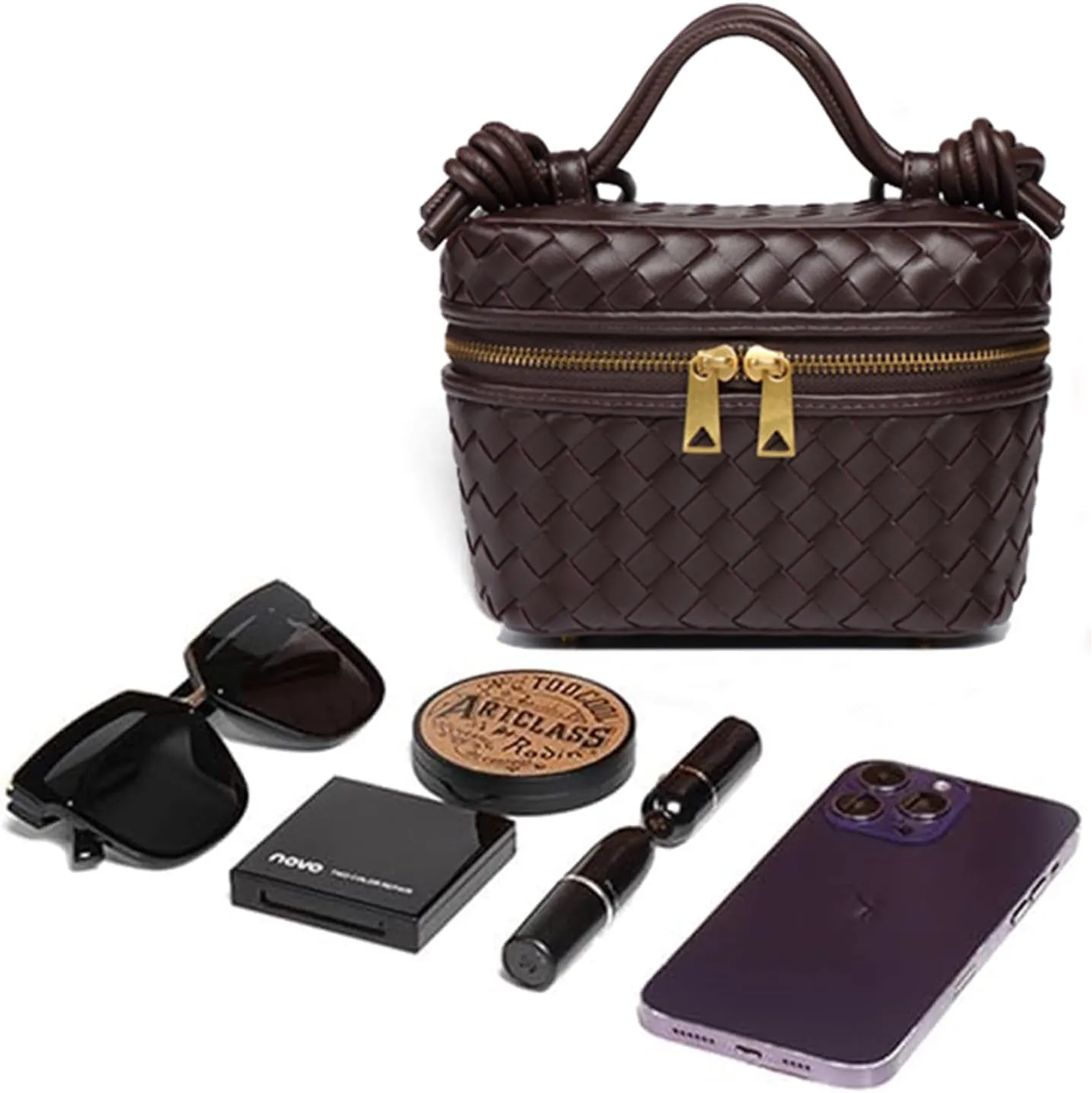 Woven Crossbody Bag for Women Small Top-Handle Pouch Purse Square Box Shoulder Handbag with Adjustable Strap