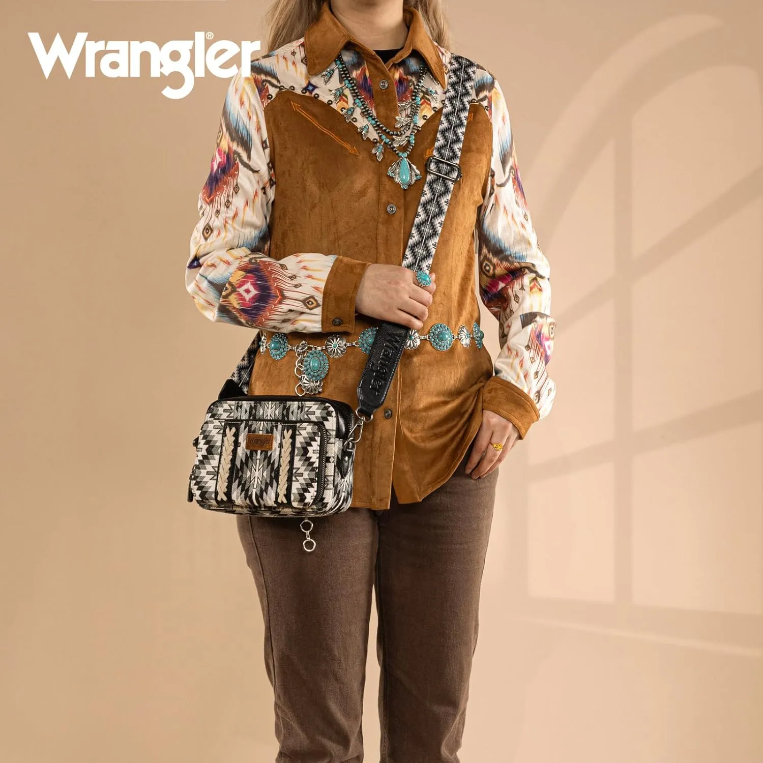Wrangler Crossbody Bag for Women Boho Aztec Small Multi Pocket Crossover Purse