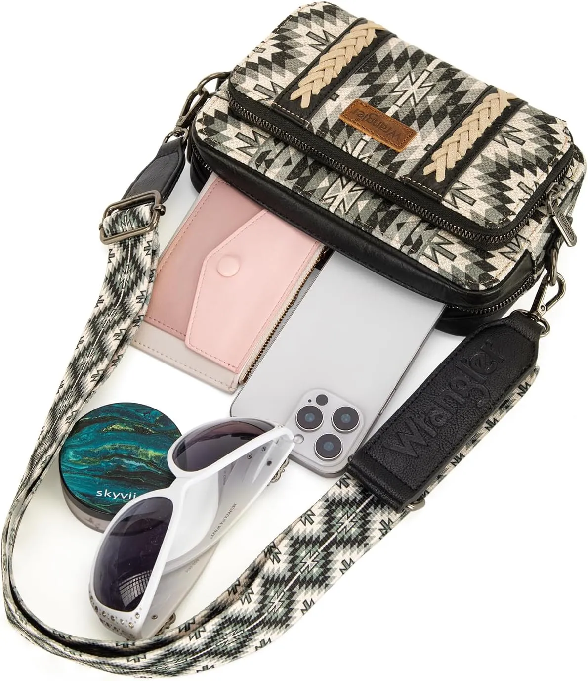 Wrangler Crossbody Bag for Women Boho Aztec Small Multi Pocket Crossover Purse